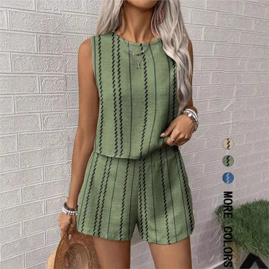 Women's Two Piece Sets 2025 Summer Casual Loose Crafts Striped Printed Sleeveless Vest Shorts 2-piece Set Suit Women Streetwear Good Vibrations