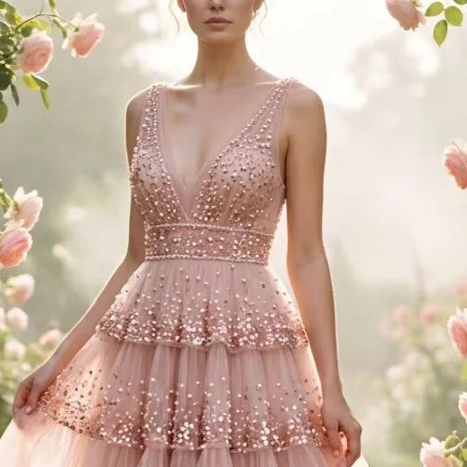 Direct Factory Supply Luxury Sequin Wedding Dresses Beaded Sleeveless V-neck Sweep/Brush Train Floor-Length Mermaid/Trumpet Good Vibrations