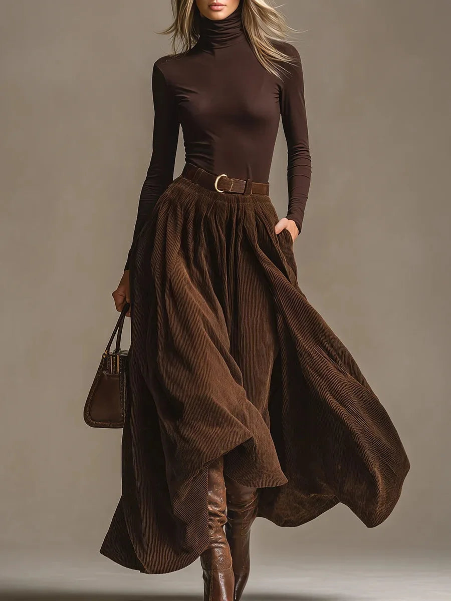 Women's 2 Piece Set Corduroy Skirt Set Brown High Waist Midi Skirt with Belt Long Sleeve High Neck Top Elegant Casual Outfit Good Vibrations