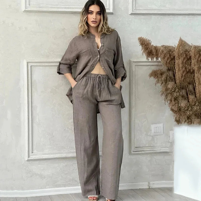 Women Two Piece Sets Spring Autumn Casual Long Sleeve Pocket Shirts 2 Piece Set Fashion Loose Wide Leg Pants OL Work Suit Outfit Good Vibrations