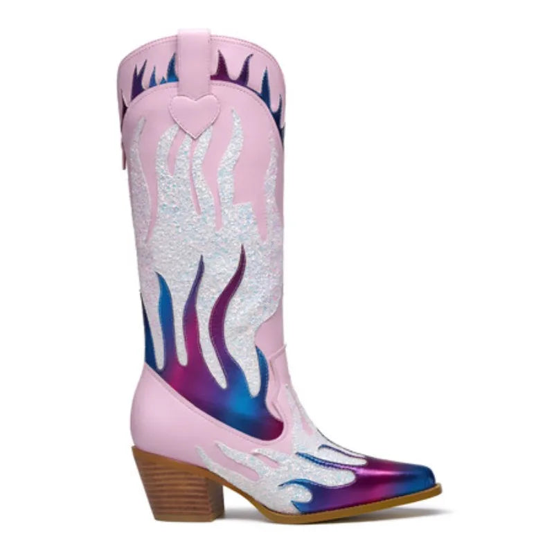 Women's Metallic Western Boots with Pointed Toe, Mid-calf To Knee-high Height, Sparkly and Colorful Design. Stylish Cowgirl Look Good Vibrations