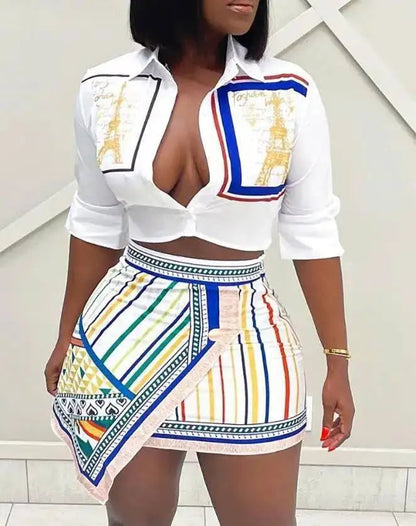 Two Piece Set Women Outfit Summer Fashion Graphic Print Buttoned Turn-Down Collar Shirt & Striped Asymmetrical Skirt Set O9ZA Good Vibrations