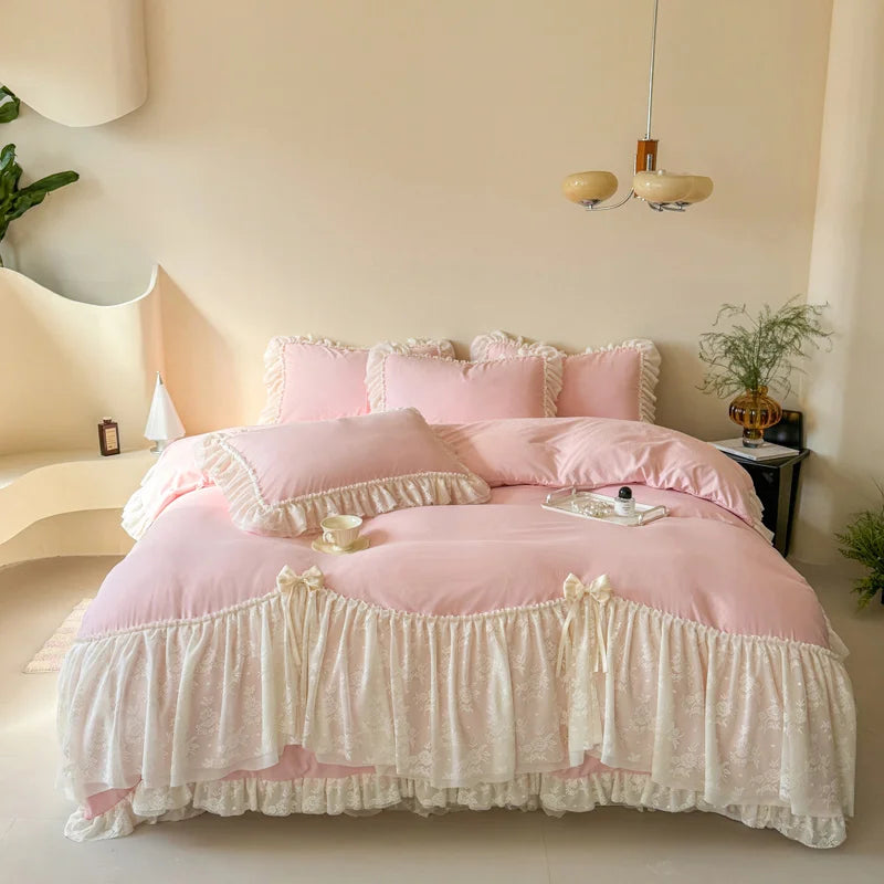 Korean style Princess lace bow bedding set pink sweet girl chiffon ruffles duvet cover bed sheet pillowcase wedding home textile Good Vibrations