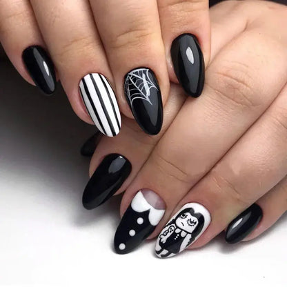 24pcs Short Fake Nail Patch Halloween Pumpkin Ghost Bat Printed Fake Nail Full Cover Wearable Artificial Acrylic Nails Tips Good Vibrations