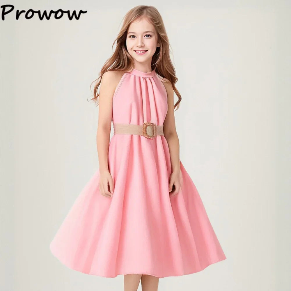 Prowow Girls Party Dresses Sleeveless Belted Halter Neck Hem Dress Holiday Beach Children's Clothing Teenagers Dress For Girls Good Vibrations