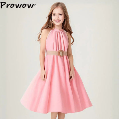 Prowow Girls Party Dresses Sleeveless Belted Halter Neck Hem Dress Holiday Beach Children's Clothing Teenagers Dress For Girls Good Vibrations