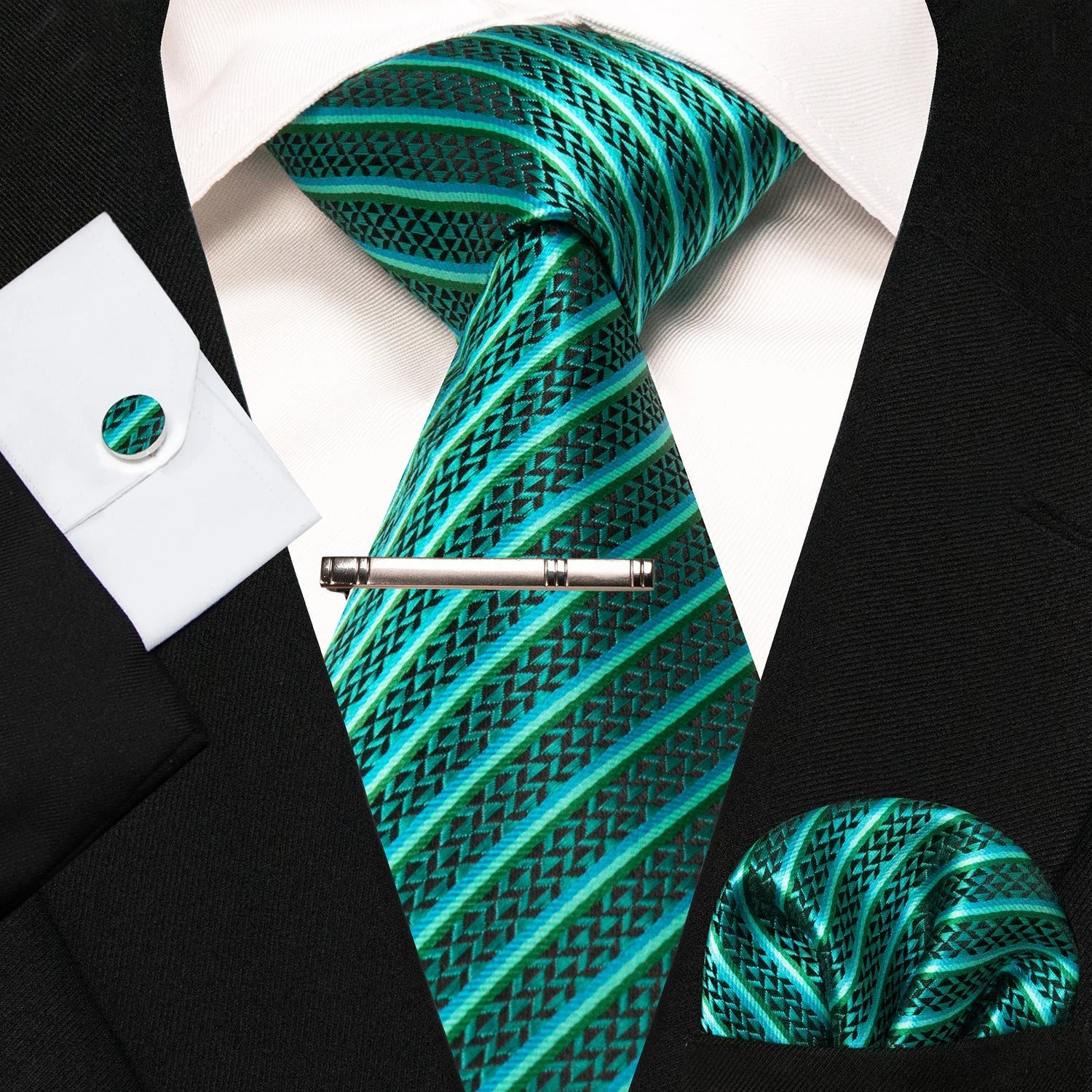 8cm Silk Mens Ties Green Black Ties plaid stripe NeckTie Pocket Square Cufflinks Tie clips Set Men's Wedding business Party Tie Good Vibrations