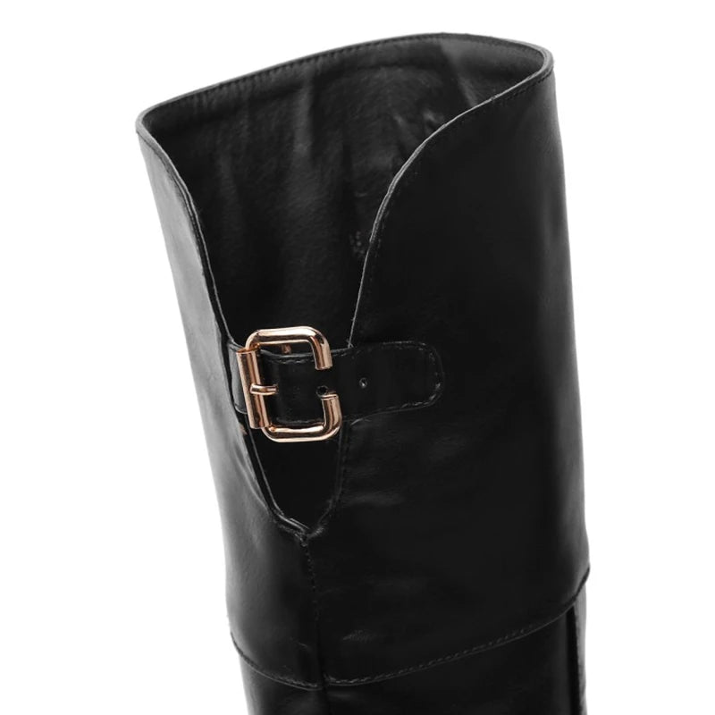 REAVE CAT Women leather boots Over The Knee Boots heels long boots black Lady shoes high quality Good Vibrations