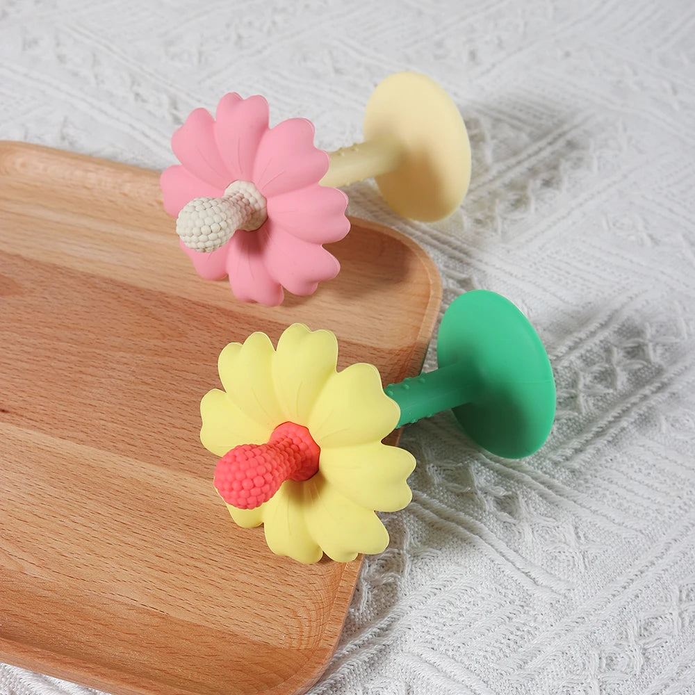Baby Teether with Flower Shape and stand Base - Food-Grade Silicone, BPA-Free, Easy-to-Hold Chewing Toy for Infants Good Vibrations