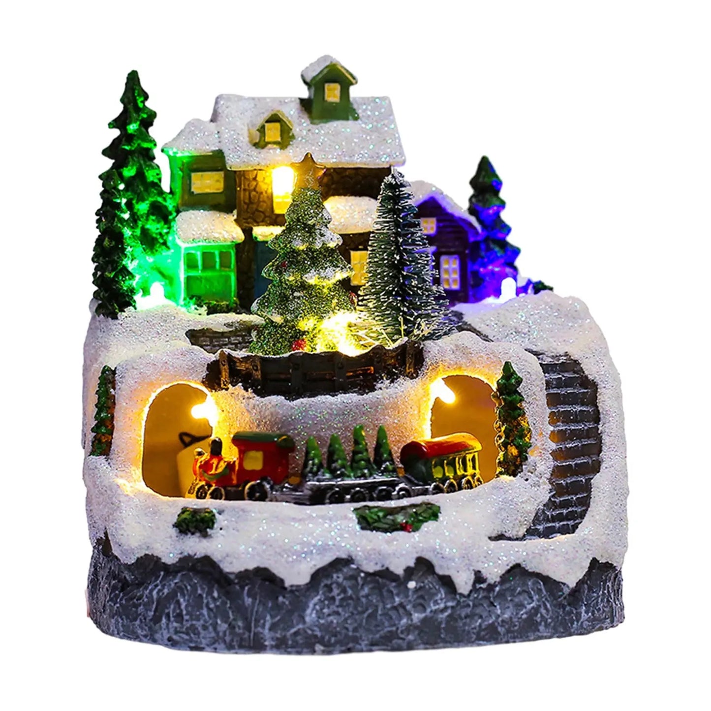 Christmas Village House Snow Tree Scene Lights Up Holiday Decoration Resin Collection for Living Room Restaurant Festival Good Vibrations