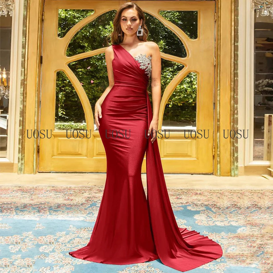 Bridesmaid Dress Champagne One Shoulder Mermaid Bridesmaid Gown for Wedding Draped Beading Women's Formal Evening Dresses Long Good Vibrations
