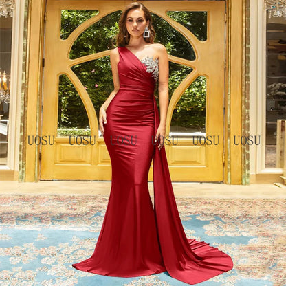 Bridesmaid Dress Champagne One Shoulder Mermaid Bridesmaid Gown for Wedding Draped Beading Women's Formal Evening Dresses Long Good Vibrations