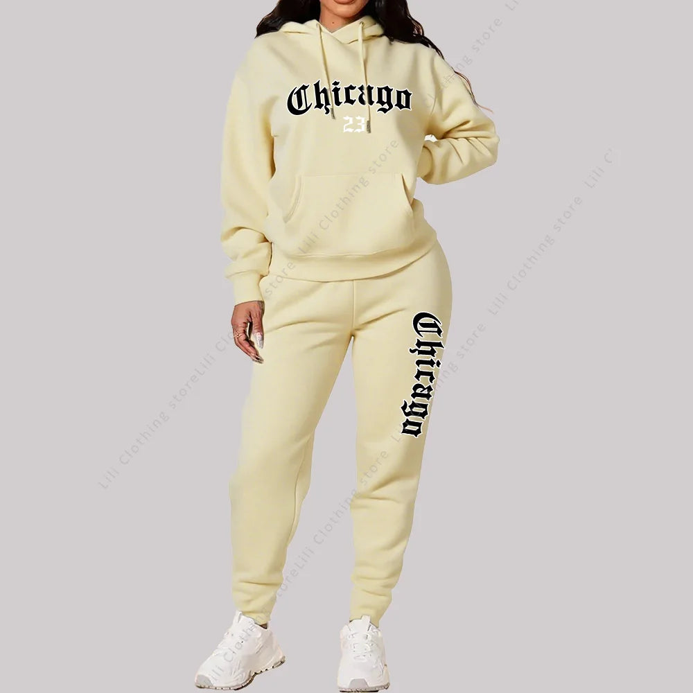 Women's Sets Hoodies Pants 2 Piece Outfits Aesthetic Sportswear Sweatsuit Chicago Graphic Letter Print Plus Size Pink Tracksuit Good Vibrations