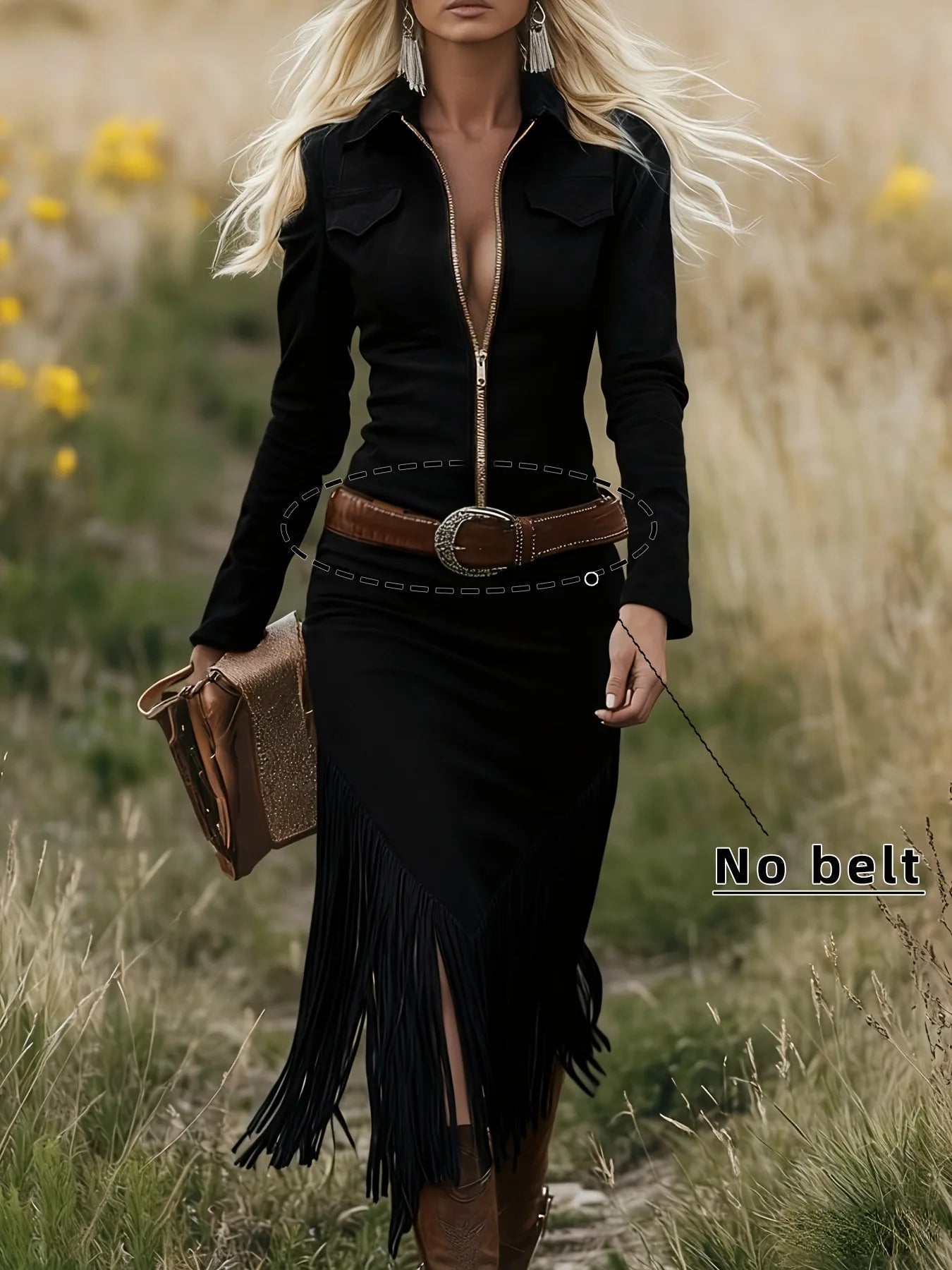 Autumn Winter Fashionable Western Denim Style Women's Dress Fashionable Solid Color Lapel Long Sleeve Suede Tassel Slim Dress Good Vibrations