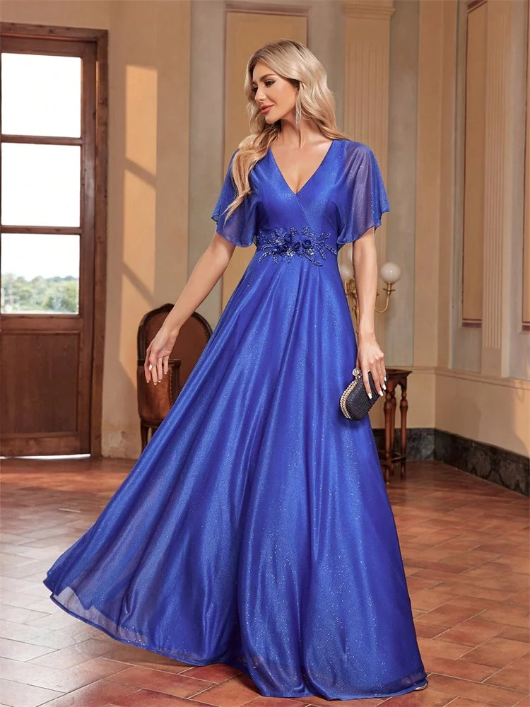 Elegant Royal V-neck Formal Evening Dress 2025 Women Short Sleeves Applique Wedding Party Dresses Long Gowns Good Vibrations