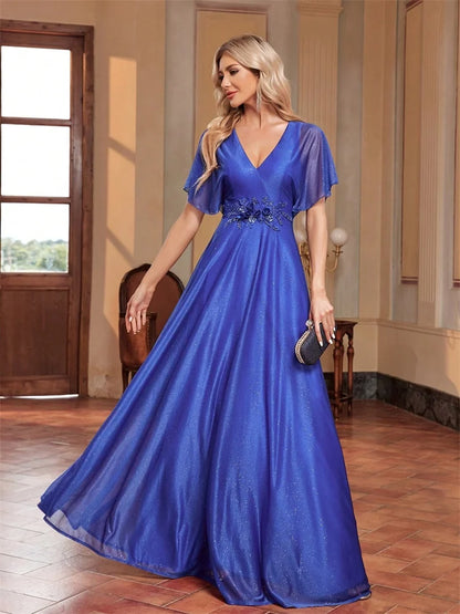 Elegant Royal V-neck Formal Evening Dress 2025 Women Short Sleeves Applique Wedding Party Dresses Long Gowns Good Vibrations