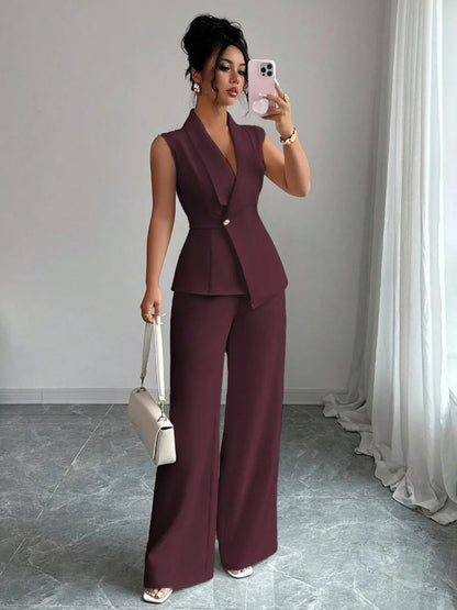 Women's Elegant 2 Piece Outfit Sleeveless V-Neck Single Button Blazer Vest and Wide Leg Pants Set Business Office Workwear Sui Good Vibrations