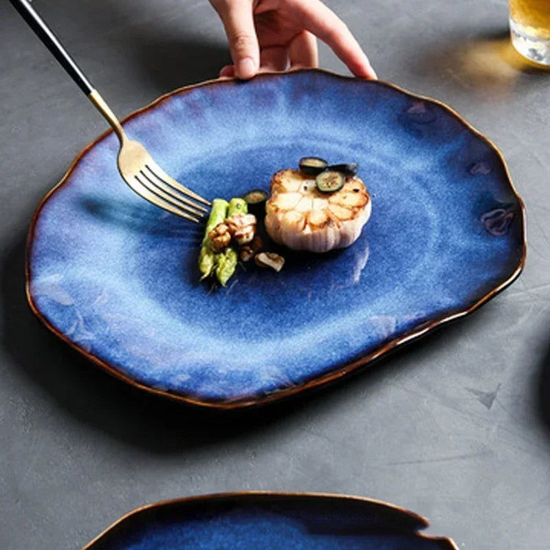 Ceramic Plates Deep Blue Irregular Flat Plate Pottery Dish Household Decoration Tableware Dinnerware Tray Hotel Kitchen Supplies Good Vibrations