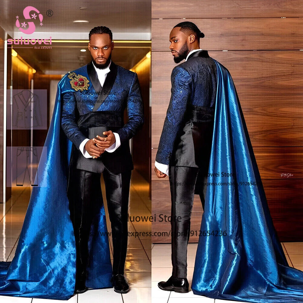 Luxury Shiny Royal Satin Suits For Men Customized 3 Piece Jacket with Long Cape Pants Set Formal Groom Wedding Party Prom Tuxedo Good Vibrations