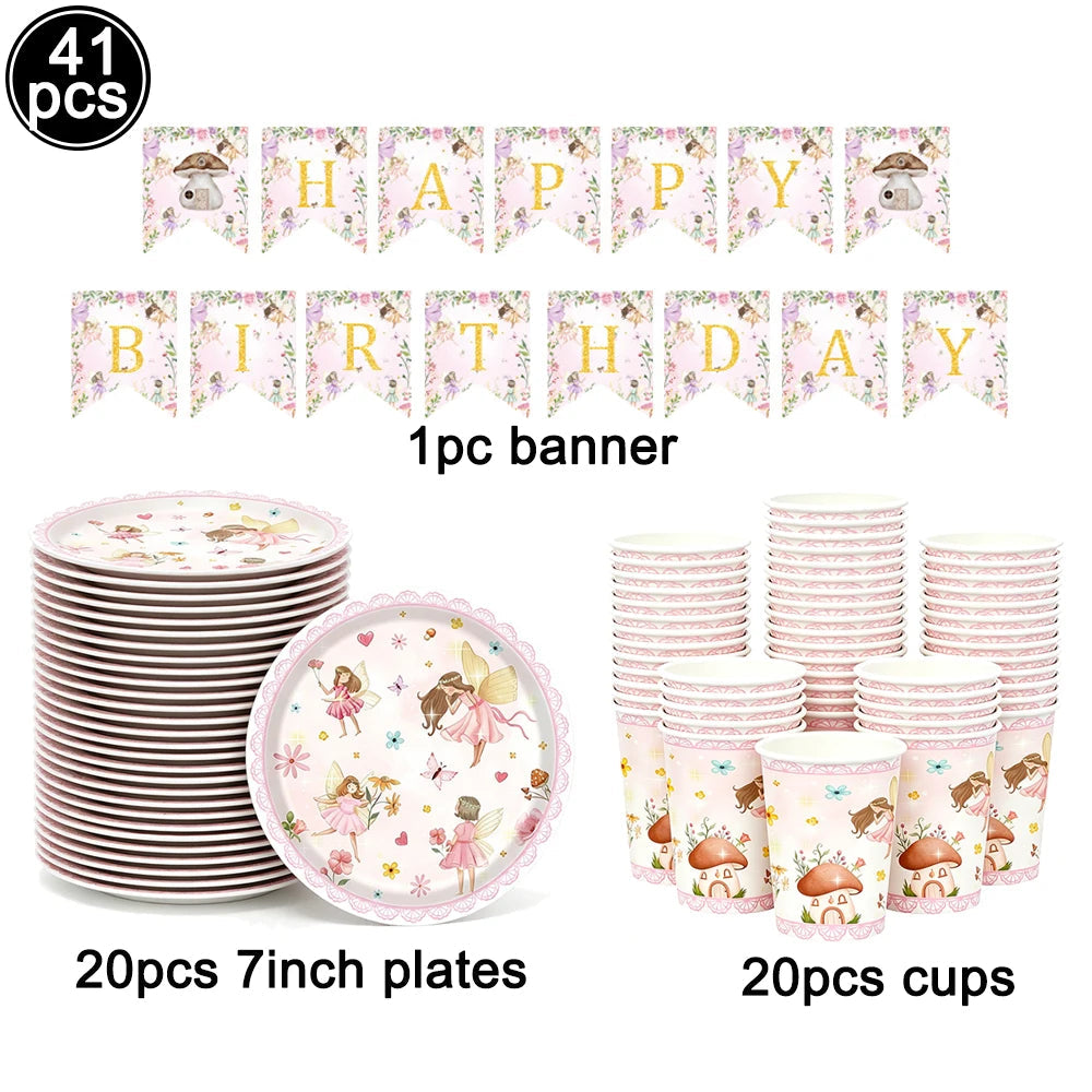 Fairy Party Supplies for Girl Birthday Fairies Enchanted Themed Baby Shower Party Decor Garden Flower Disposable Tableware Decor Good Vibrations