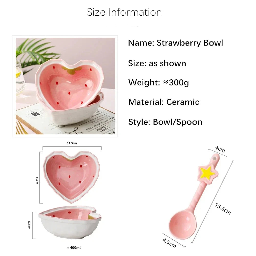 Strawberry Ramen Bowls and Spoons Creative Ceramic tablewear Anti-scald Instant Noodle Bowl Cute Strawberry Bowl Pretty Bowl Good Vibrations