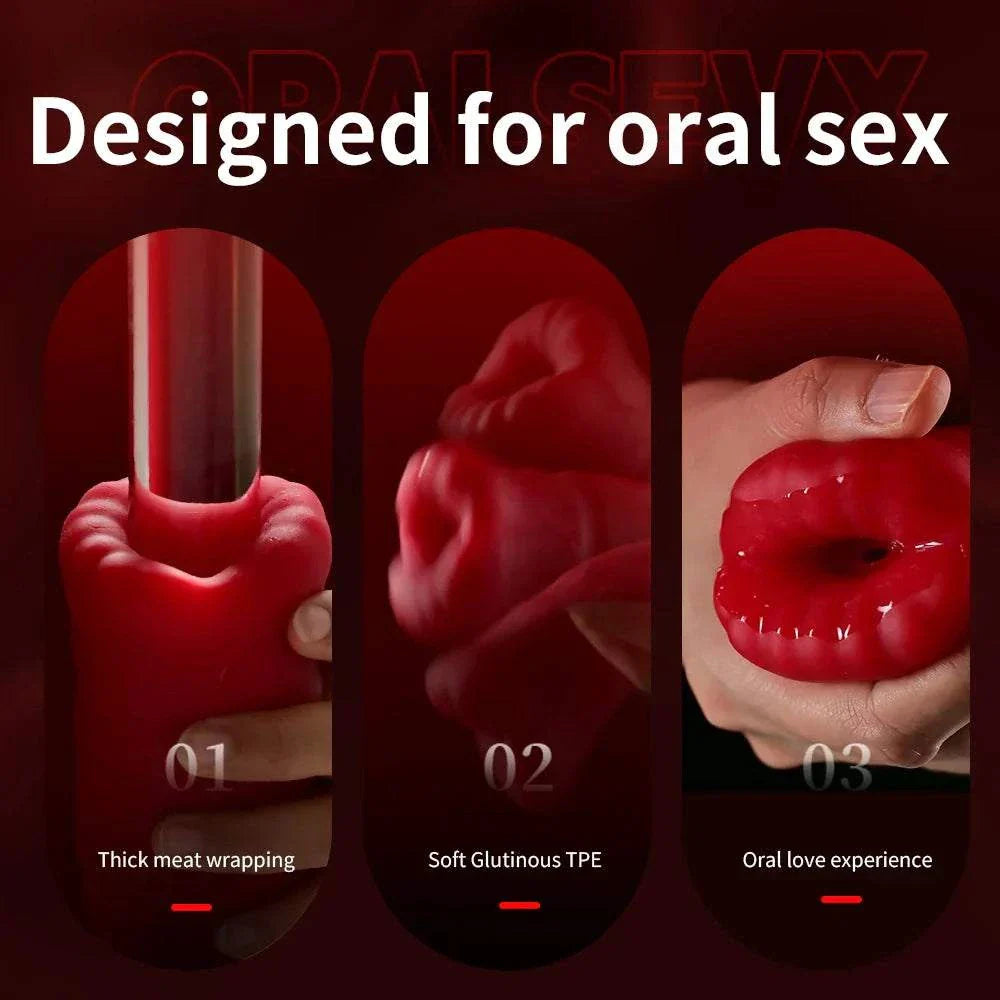 Men's automatic oral sex toy with tongue licking feature and soft TPE material.