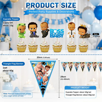 Holiday Gathering Decor Pack Boss Baby Character Print Cupcake Toppers Triangle Flag Banner Disposable Party Ornaments Good Vibrations