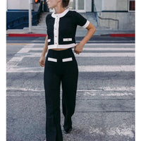 Women's Faion Set Casual Sle round Ne ort Sve Coat And High Waist Pants Elastic Waist Color Blo Pearl Woolen Jaet Good Vibrations