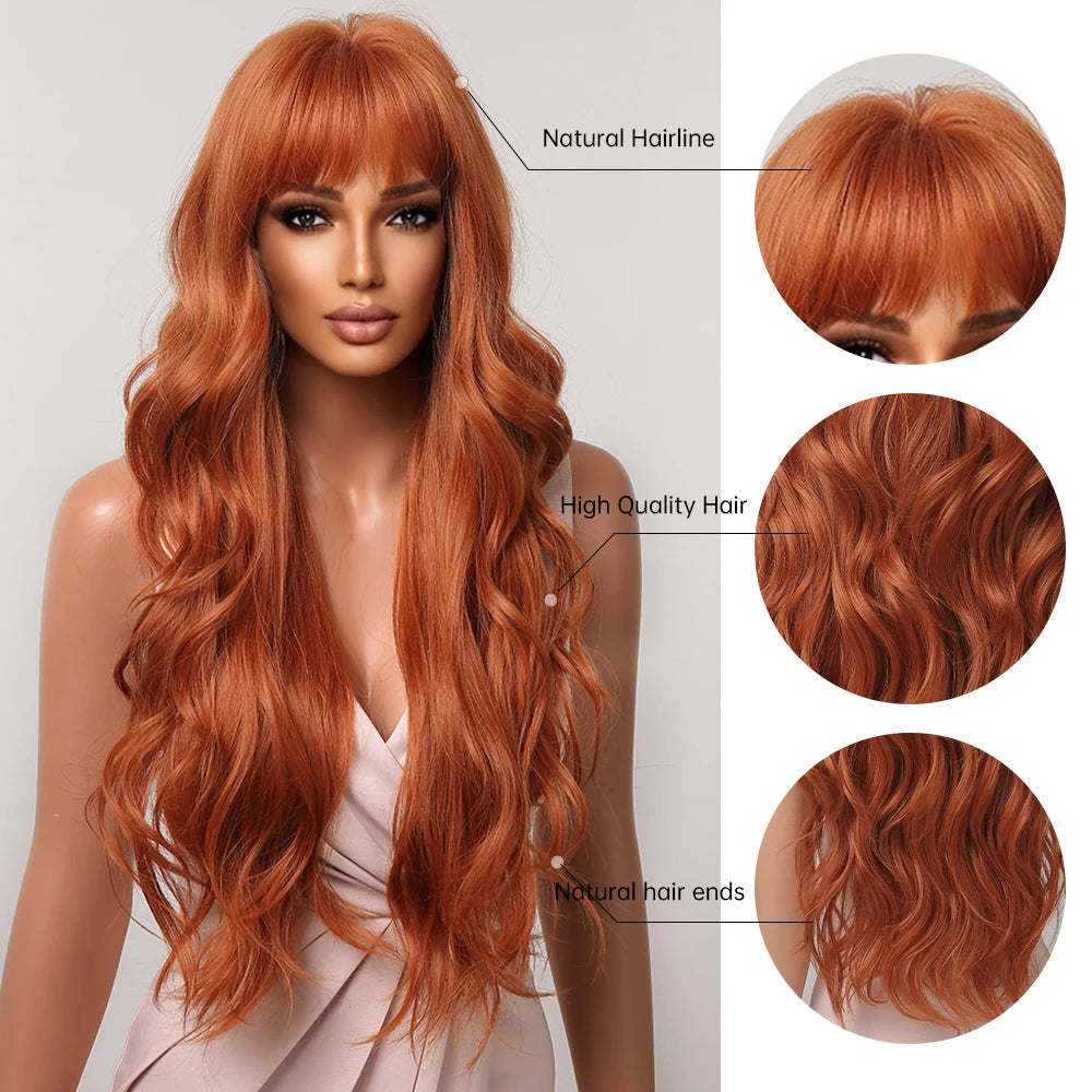Ginger Orange Synthetic Wigs for Black Women Long Wavy Wigs with Bangs Cosplay Colored Hair Heat Resistant Body Wave Party Wig Good Vibrations