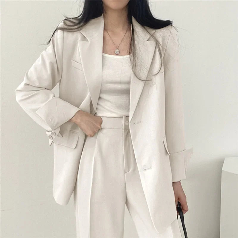 Classic Solid Color Women's Suit Set Fashion Loose Casual Design Spring Autumn Two-Piece Sets Office Long Sleeve Pocket Suits Good Vibrations