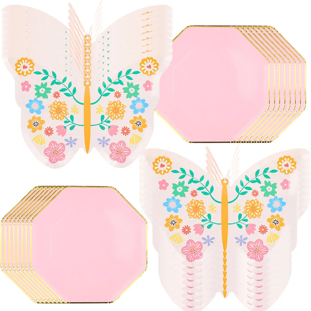 8/40pcs Butterfly Shaped Paper Plates and Square Dessert Plates Decorative Tableware Wedding Girl Birthday Party Decor Supplies Good Vibrations