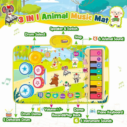 Education Dance Mat Toy for Kids ,3 in 1 Animal Musical Mat Toys,Music Playmats with 2 Sticks for Girls Piano Drum Birthday Gift Good Vibrations
