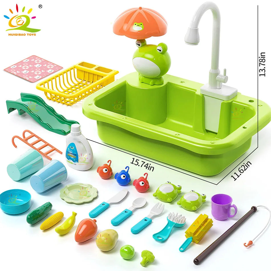 Kids Kitchen Sink Toys Electric Dishwasher Playing Toy With Running Water Pretend Play Food Fishing Toy Role Playing Girls Gift Good Vibrations