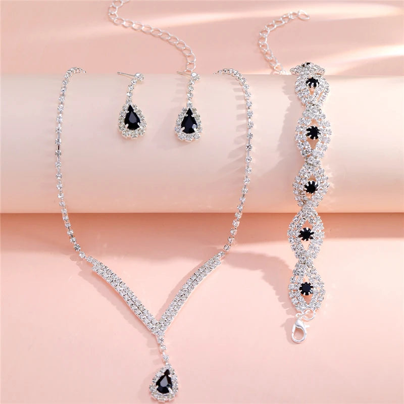 3 Pcs Luxury Rhinestone Bride Jewelry Set for Women Black Water Drop Crystal Earrings Wedding V Necklace Eye Bracelet Fashion Good Vibrations Adult Super Store