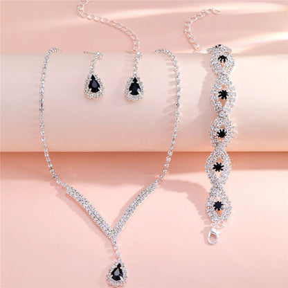 3 Pcs Luxury Rhinestone Bride Jewelry Set for Women Black Water Drop Crystal Earrings Wedding V Necklace Eye Bracelet Fashion Good Vibrations Adult Super Store