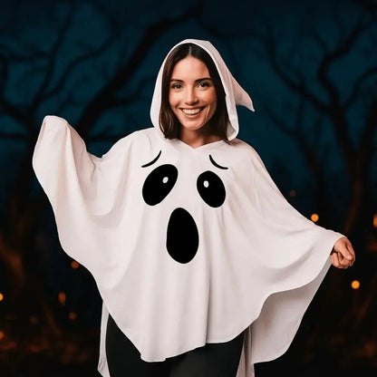 White Halloween Cloak Cape Black Eye Trick-or-Treat Spooky Ghost Poncho Robe Smock Style Fancy Dress Ghost Cosplay Costume Women Good Vibrations