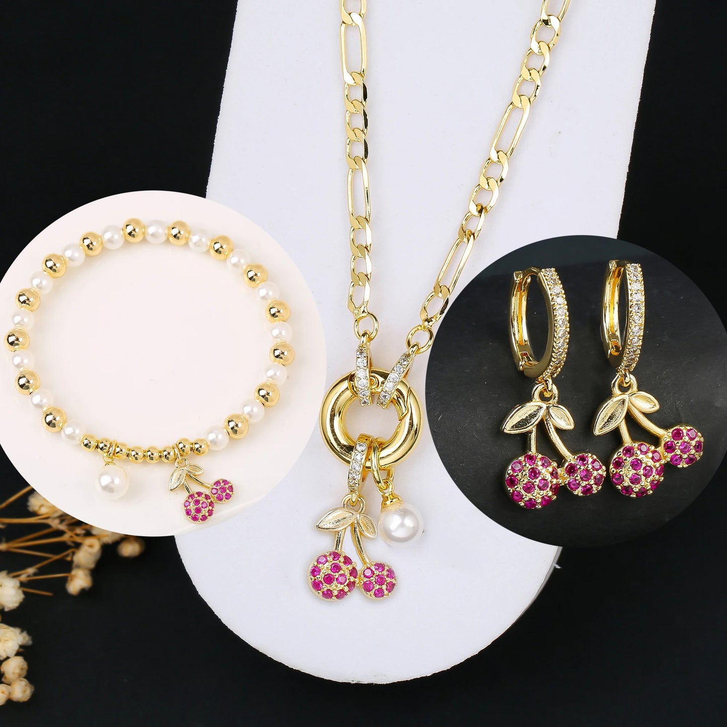 3pcs Hot Sale Shiny Zirconia Crystal Cherry Necklace Bracelet Earrings Jewelry Set Fashion for Woman Girl Wedding Lucky Jewelry Good Vibrations Adult Super Store