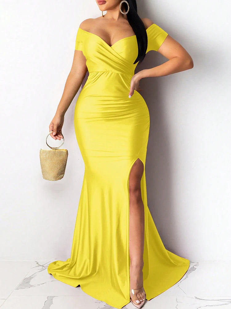 Classic High Slit Evening Dress Women Solid Maxi Long Dresses With Sleeves Wedding Bridesmaid Elegant Party Dresses 2025 Woman Good Vibrations