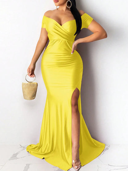 Classic High Slit Evening Dress Women Solid Maxi Long Dresses With Sleeves Wedding Bridesmaid Elegant Party Dresses 2025 Woman Good Vibrations