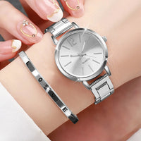 Fashion Women Elagant Watch Casual Simple Steel Strap Quartz Watch Love Bracelet 2PCs Set Temperament Wearing Style Good Vibrations
