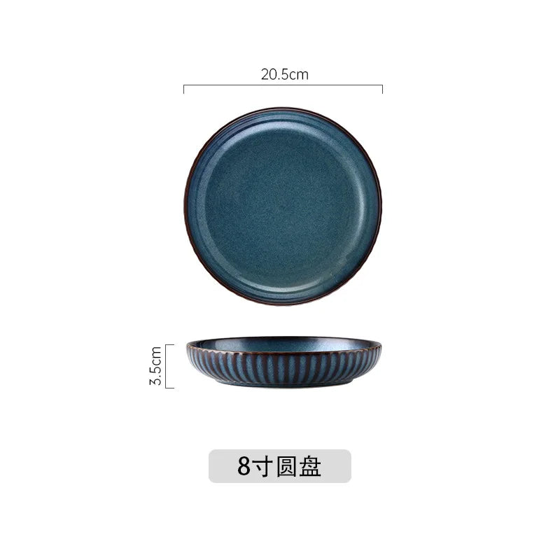 Blue Kiln Glazed Ceramic Plates, Microwaveable Dinner Plates, Round Rice Salad Bowls, Household Tableware Good Vibrations