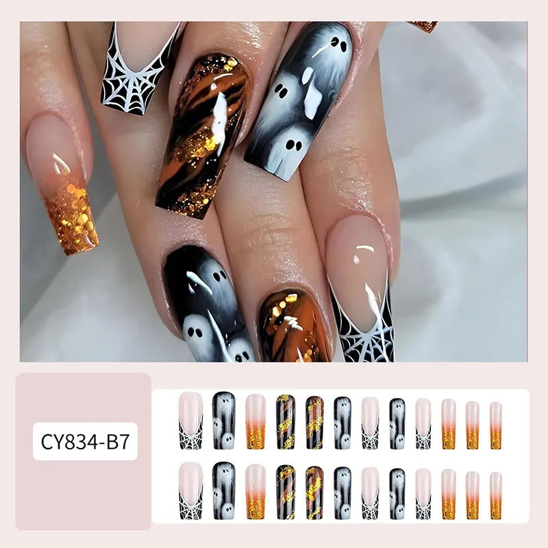 Halloween Acrylic Press On Nails Almond Shape Fake Nails Short Full Cover Glue On Nails Halloween Stick On Nails Cute Ghost Pump Good Vibrations