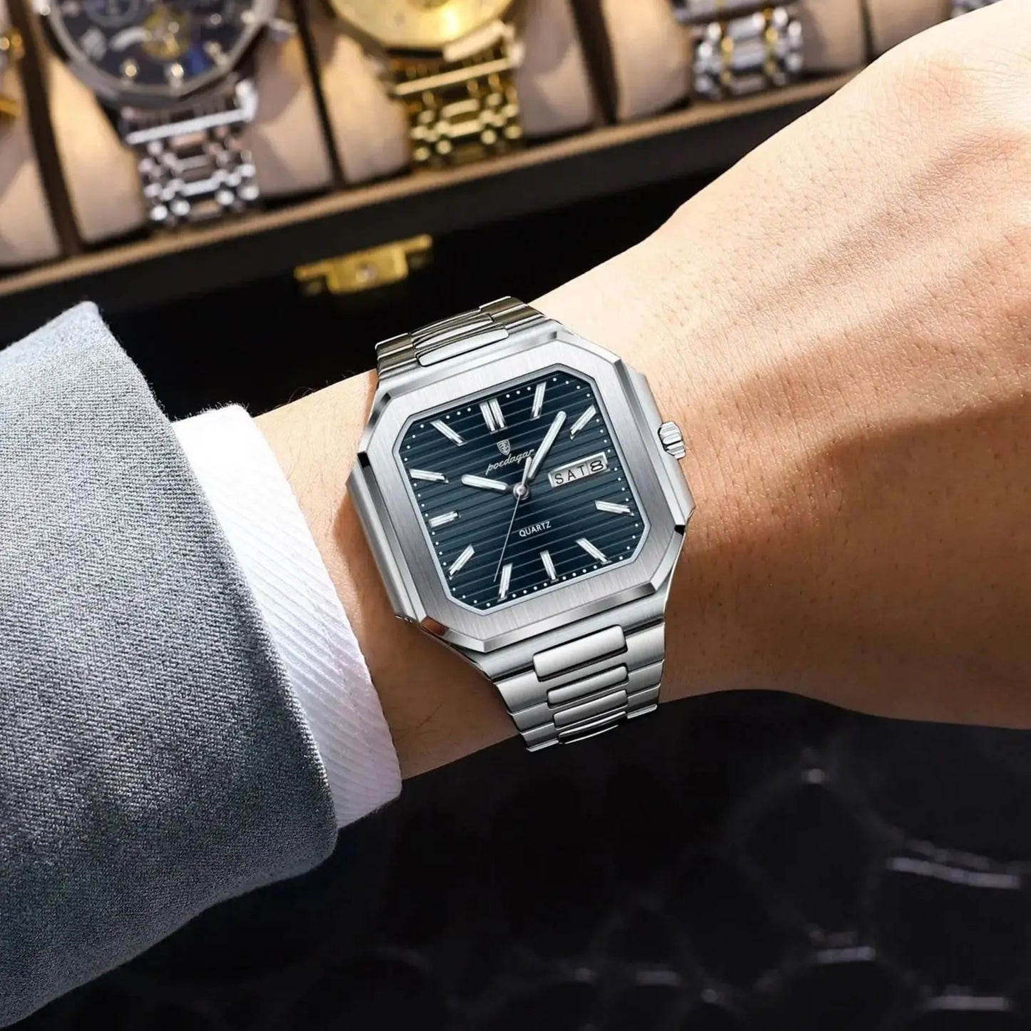 POEDAGAR Luxury Square Fashion Man Wristwatch Waterproof Luminous Date Week Quartz Men's Watches Stainless Steel Men Watch Reloj Good Vibrations