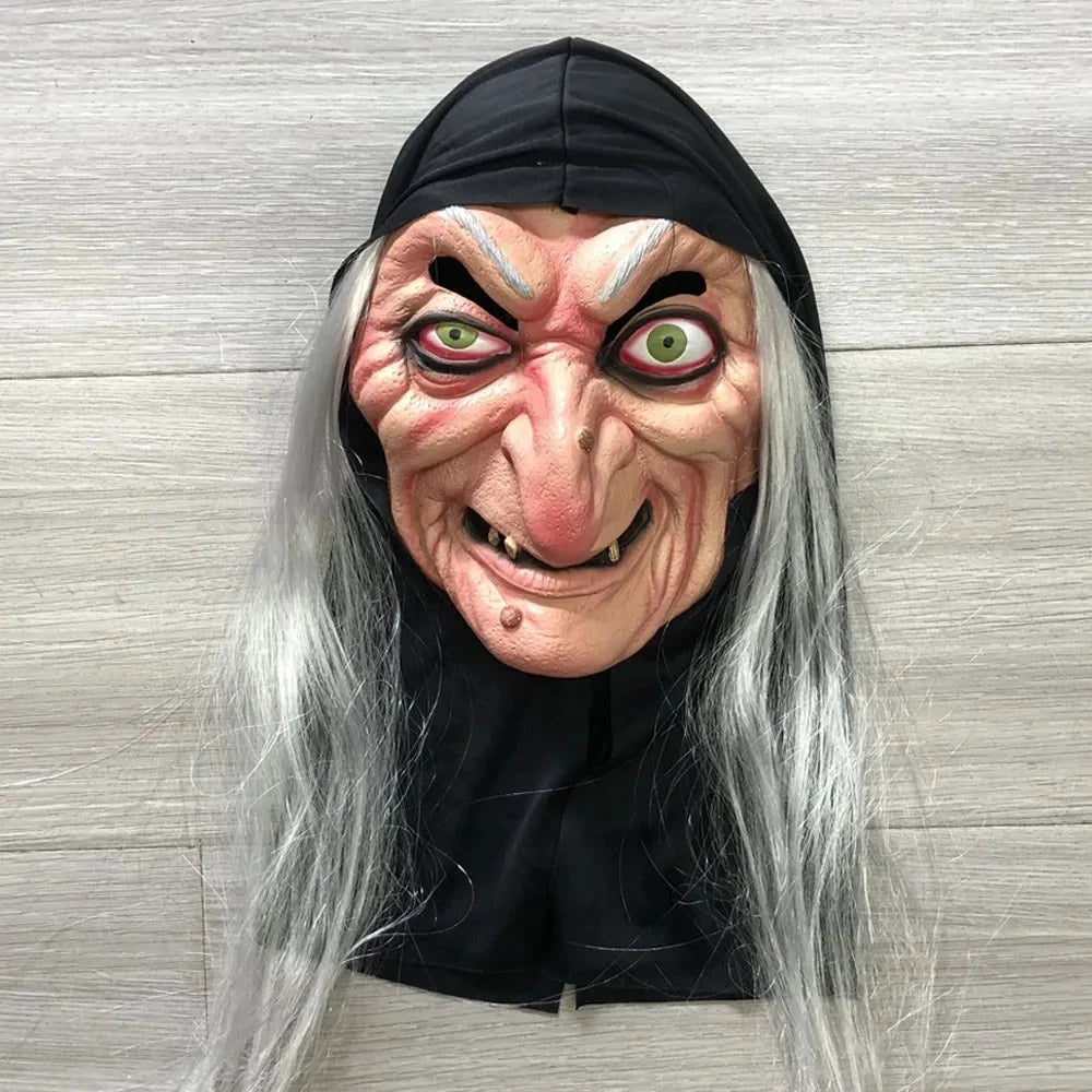 Halloween Witch Mask Cosplay Scary Ghost Face Sorceress Old Nana Grandma Latex Helmet Dress Up Party Costume Props Good Vibrations