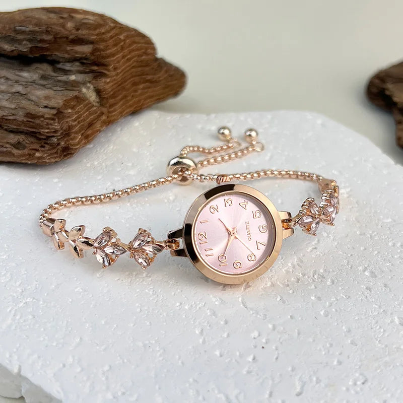 Round alloy case Arabic numeral classic dial leaf-shaped diamond-encrusted fashionable bracelet elegant ladies quartz watch Good Vibrations Adult Super Store