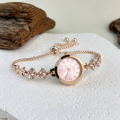 Round alloy case Arabic numeral classic dial leaf-shaped diamond-encrusted fashionable bracelet elegant ladies quartz watch Good Vibrations Adult Super Store