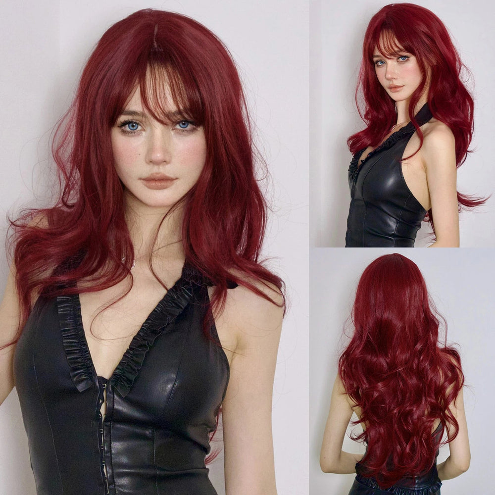 Wine Red Burgundy Synthetic Wigs for Women Long Curly Wave Cosplay Party Red Wigs with Bangs Natural Heat Resistant Daily Wigs Good Vibrations