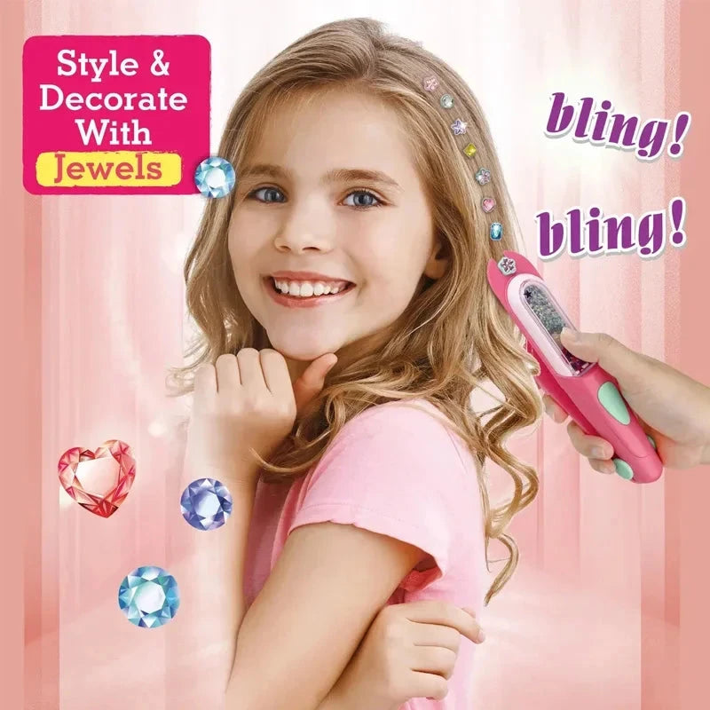 Hair Gem Stamper Kit Blingling Hair Jewels for Girls Toys Hair Styling Tool with Reusable Shining Diamonds Pretend Play Toy Gift Good Vibrations