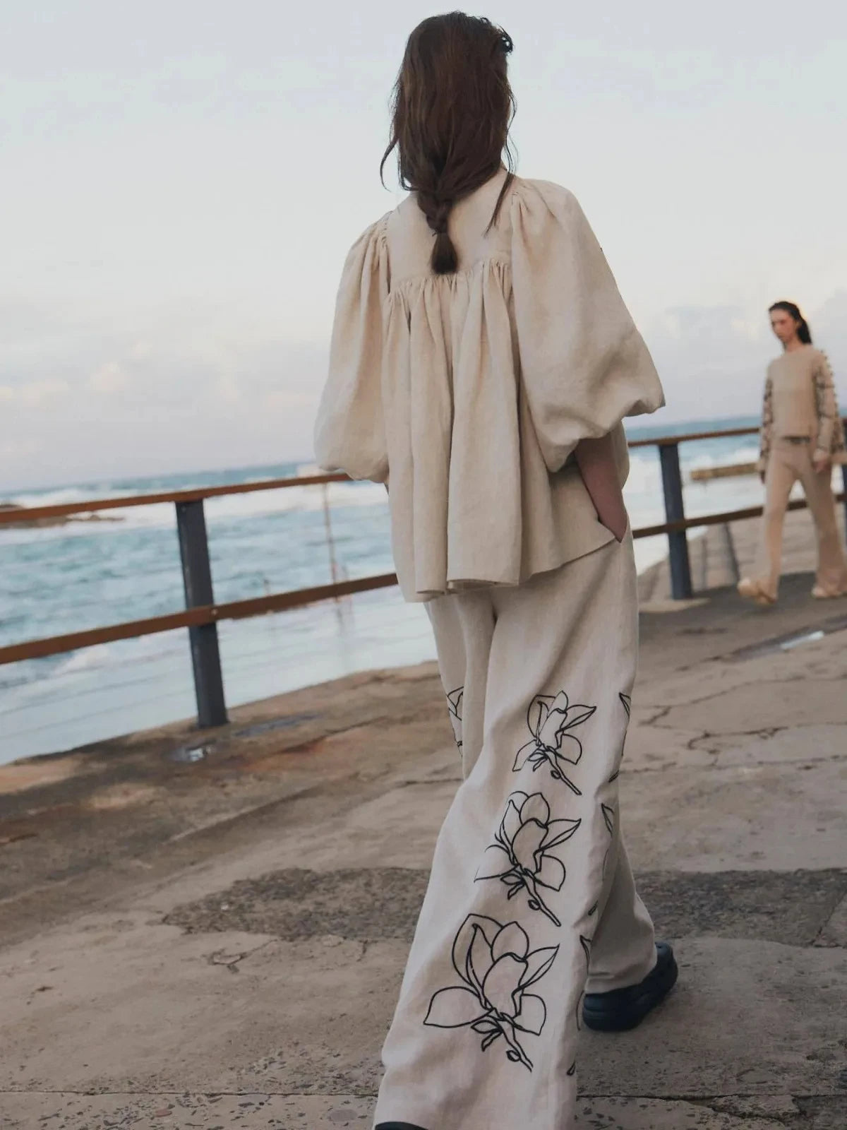 Women Lounge Sets Cotton Linen Stand Collar Lantern Sleeve Loose Flower Tops Wide Leg Oversize Pants Suit Casual Women Outfits Good Vibrations