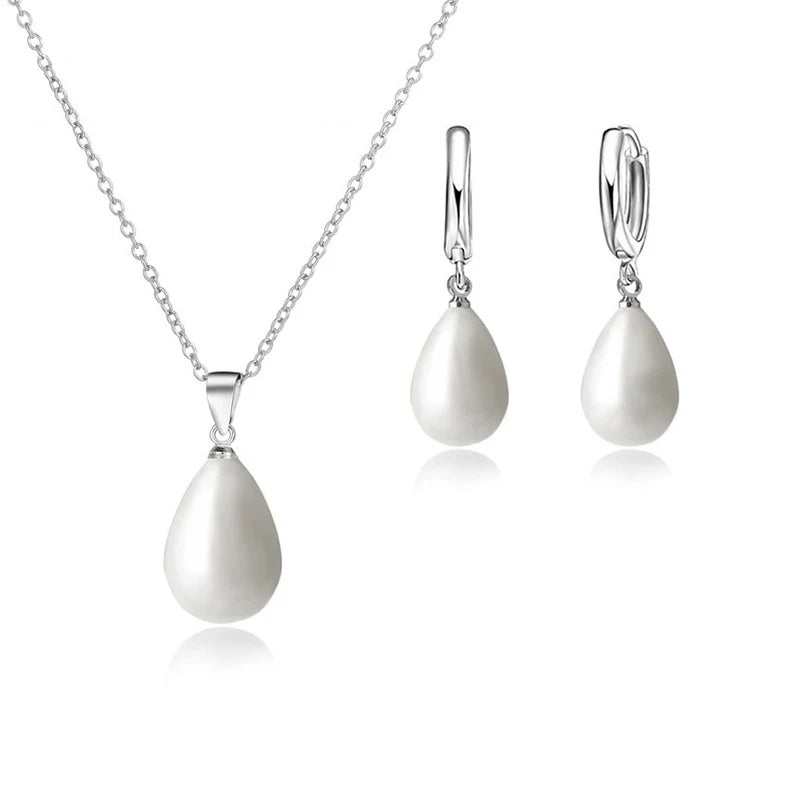 925 Sterling Silver Color Pearl Pendant Necklace Loop Hoop Earrings White Teardrop Women Girls Wedding Party Nice Gifts Good Vibrations Adult Super Store